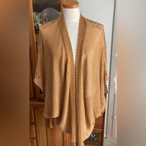 Camel/tan crochet kimono-sleeve wrap cardigan